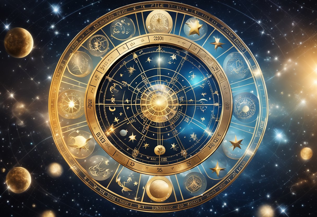 A personalized horoscope with zodiac symbols and celestial elements arranged on a cosmic background
