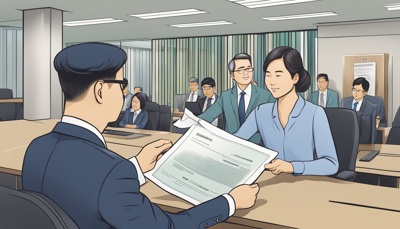 A person receiving a certificate of discharge from bankruptcy at a government office in Singapore