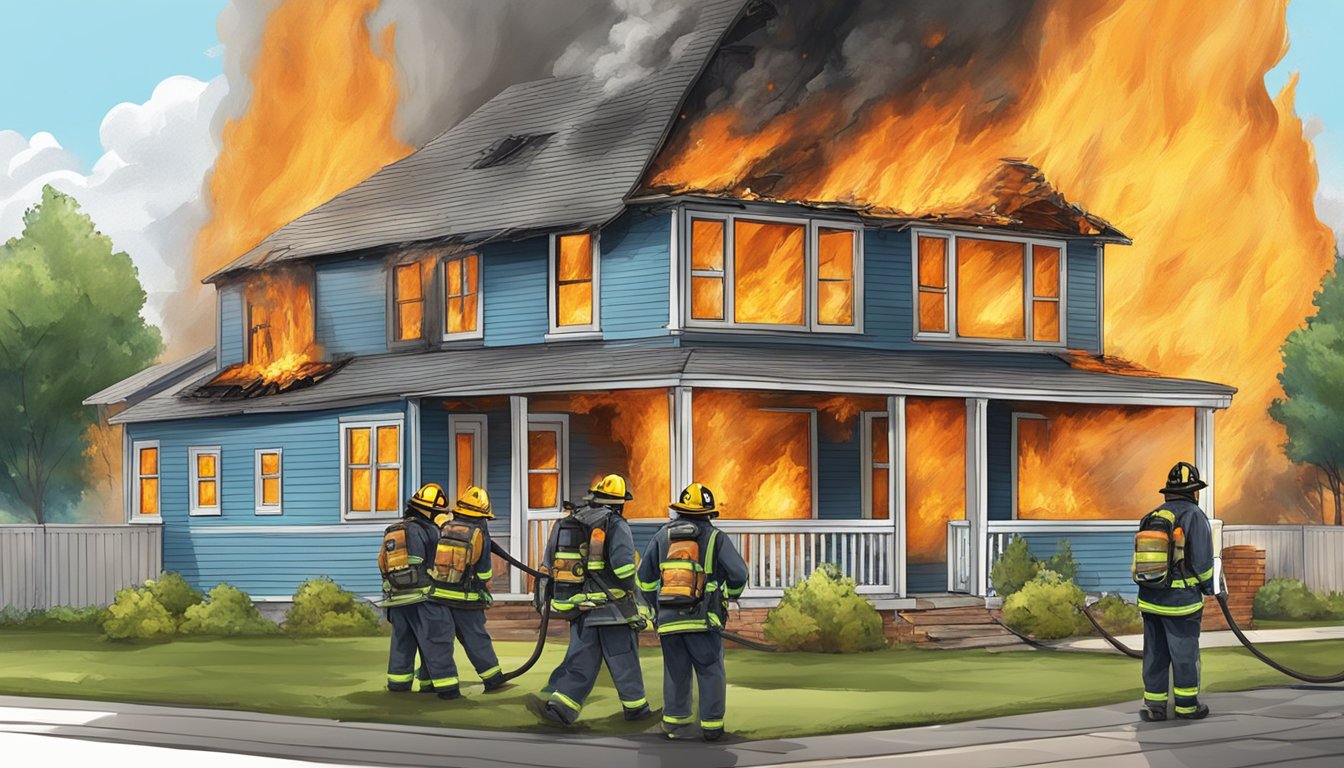 A house engulfed in flames, with firefighters and insurance agents assessing the damage and processing claims