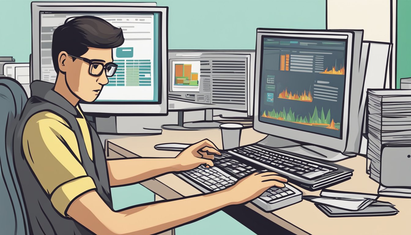 A person using a computer to search "how to check HDB fire insurance in Singapore" with a puzzled expression
