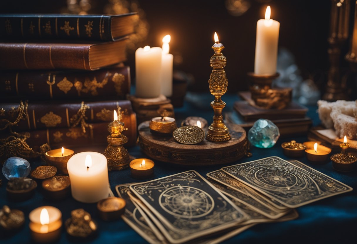 A mystical altar adorned with candles, crystals, and ancient symbols, surrounded by books on astrology and tarot cards