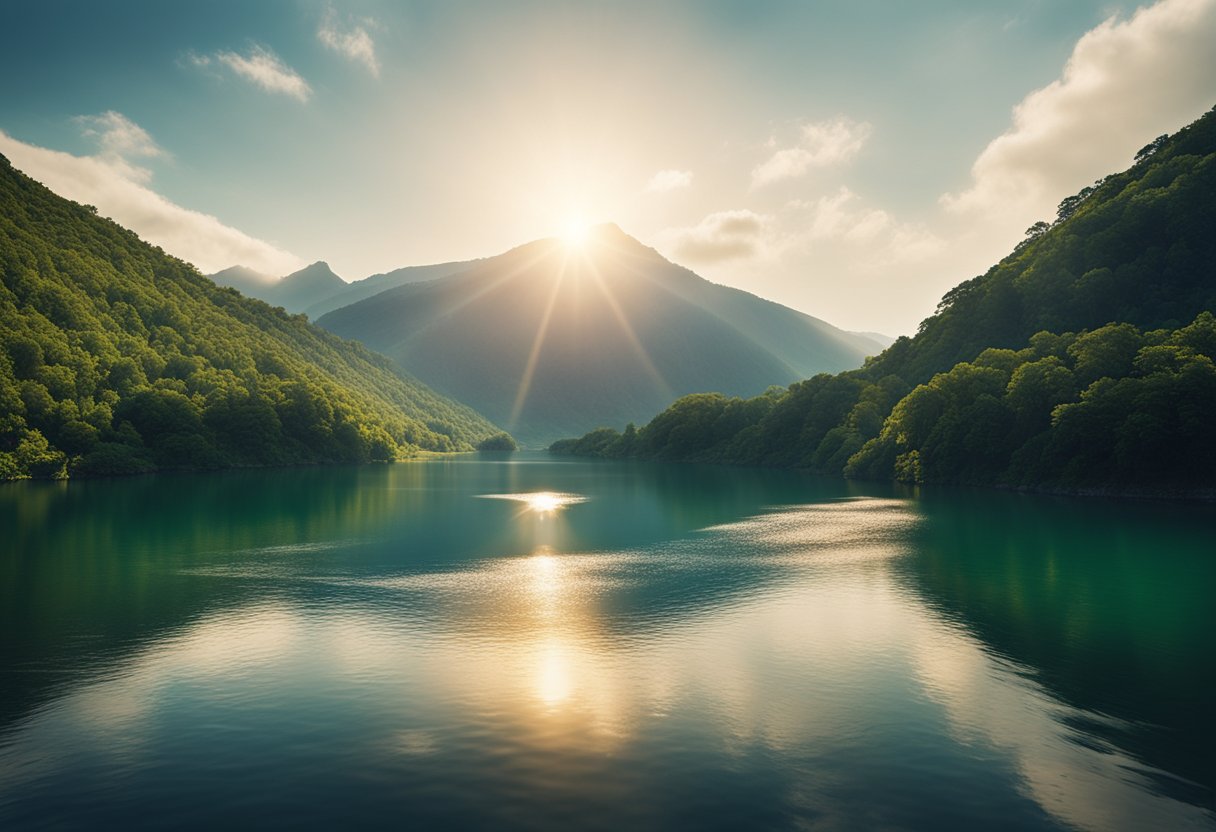 A serene mountain peak with a glowing sun, surrounded by lush greenery and a flowing river, symbolizing spiritual evolution