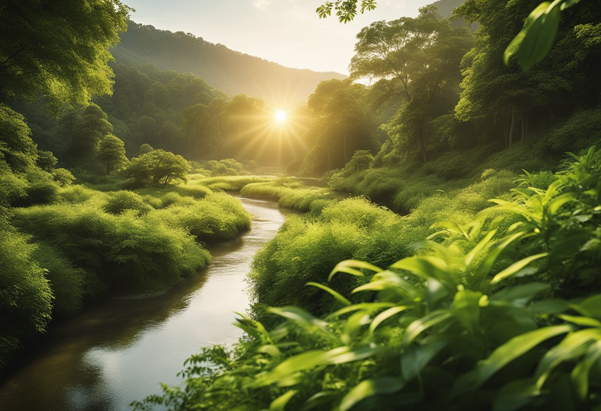 A serene landscape with a winding river, lush greenery, and a radiant sun, symbolizing spiritual growth and evolution