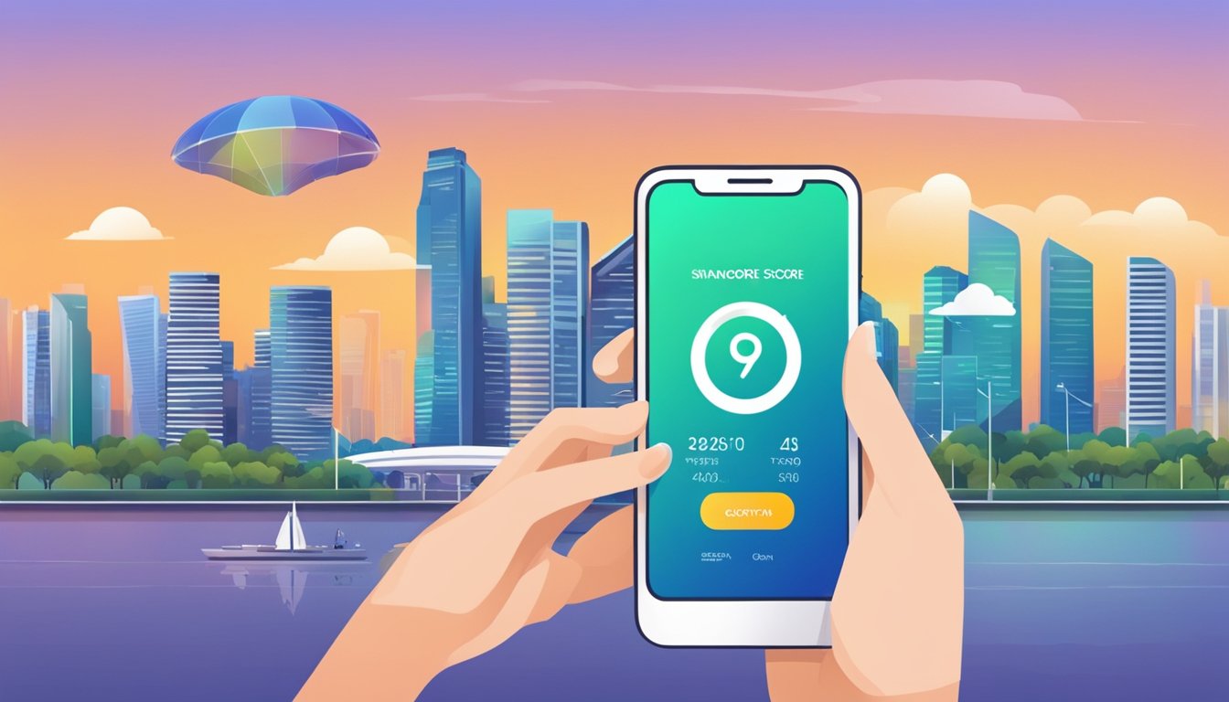 A person using a smartphone to access a credit score app with the Singapore skyline in the background