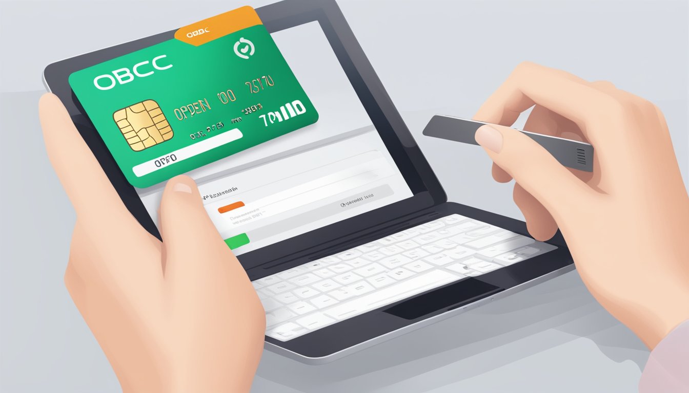 An open laptop displaying the OCBC website, with a credit card application status page visible on the screen. A hand holding a smartphone with the OCBC mobile app open, showing the application status