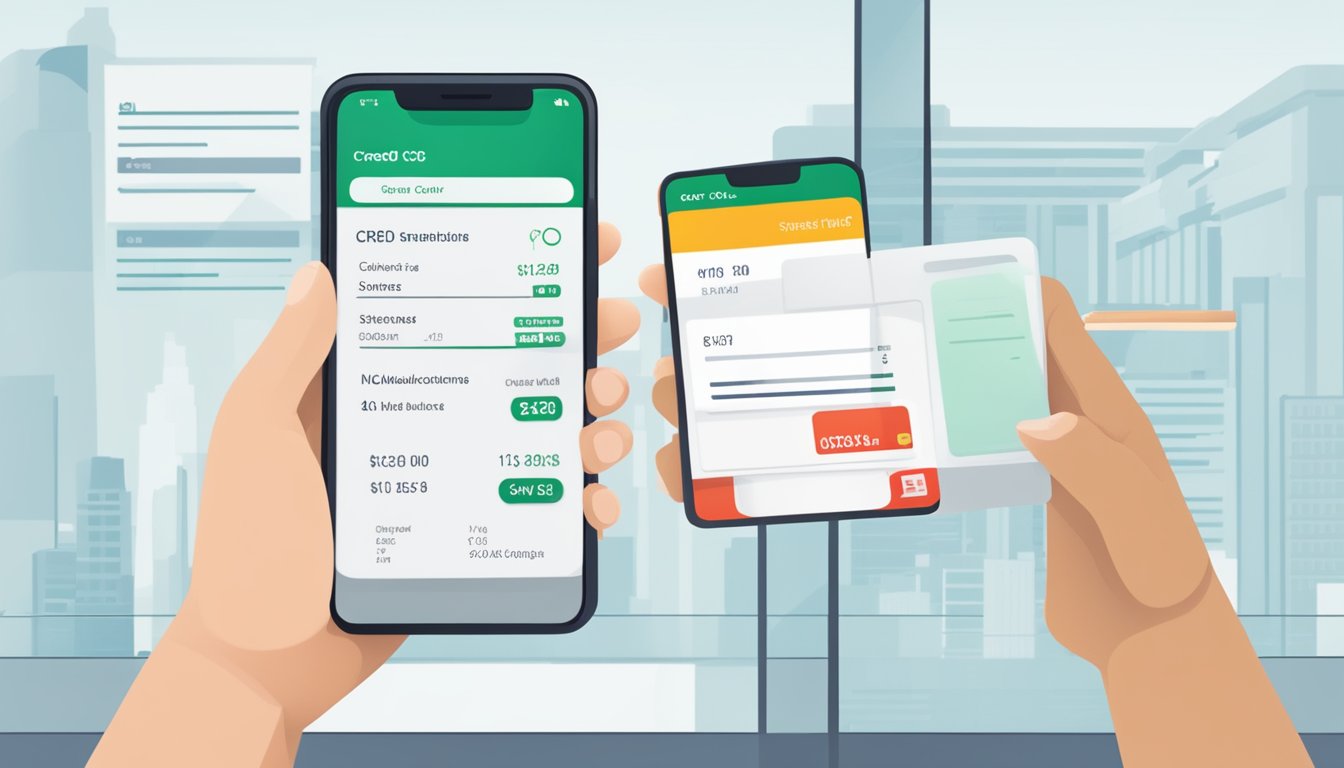 A person using a smartphone to check their OCBC credit card application status in Singapore. The screen displays the application status and relevant details