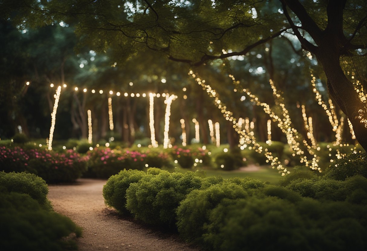 A serene garden with colorful lights streaming through the trees, casting a soothing and healing glow over the surroundings