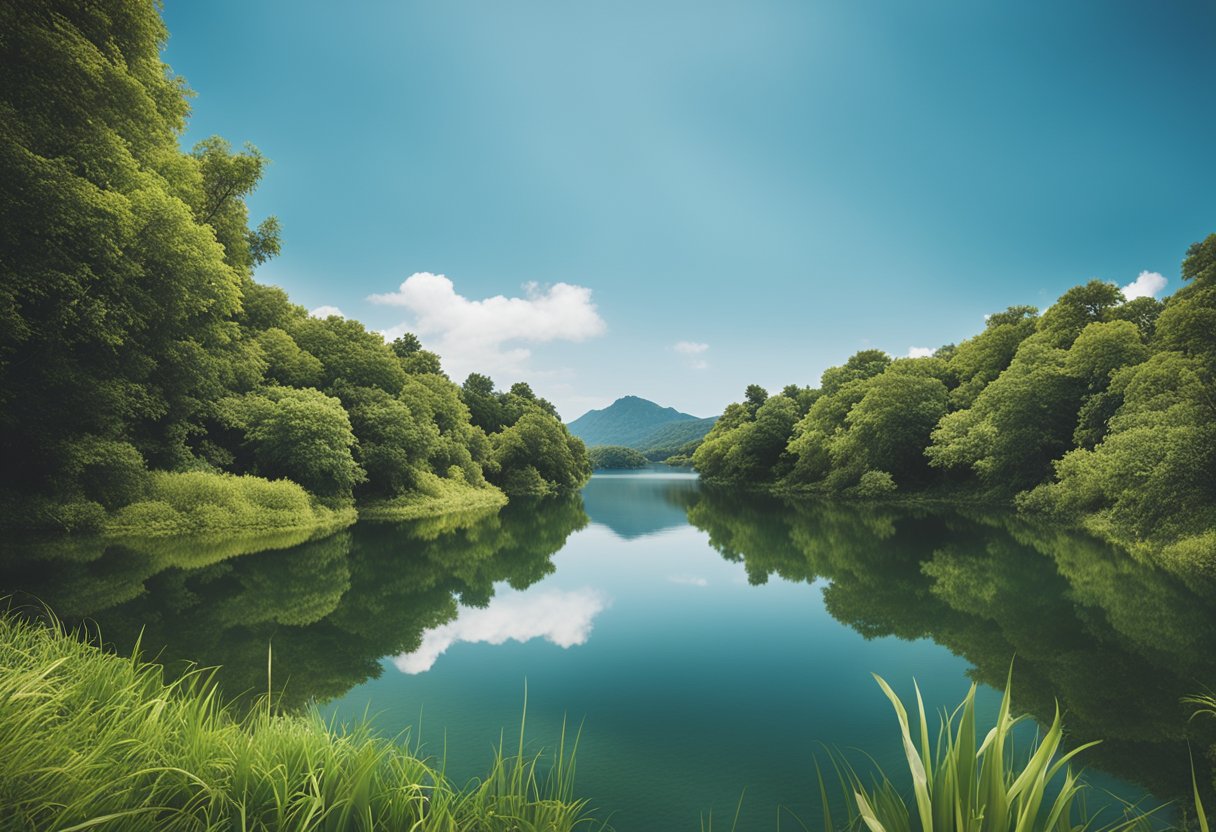 A serene landscape with a calm body of water, surrounded by lush greenery and a clear blue sky, evoking a sense of peace and tranquility