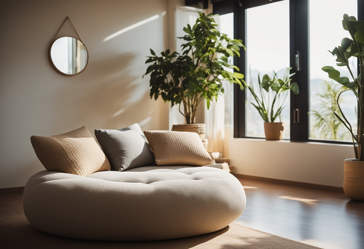 A serene, sunlit room with cushions and soft lighting. A peaceful atmosphere for guided mindfulness meditation practice
