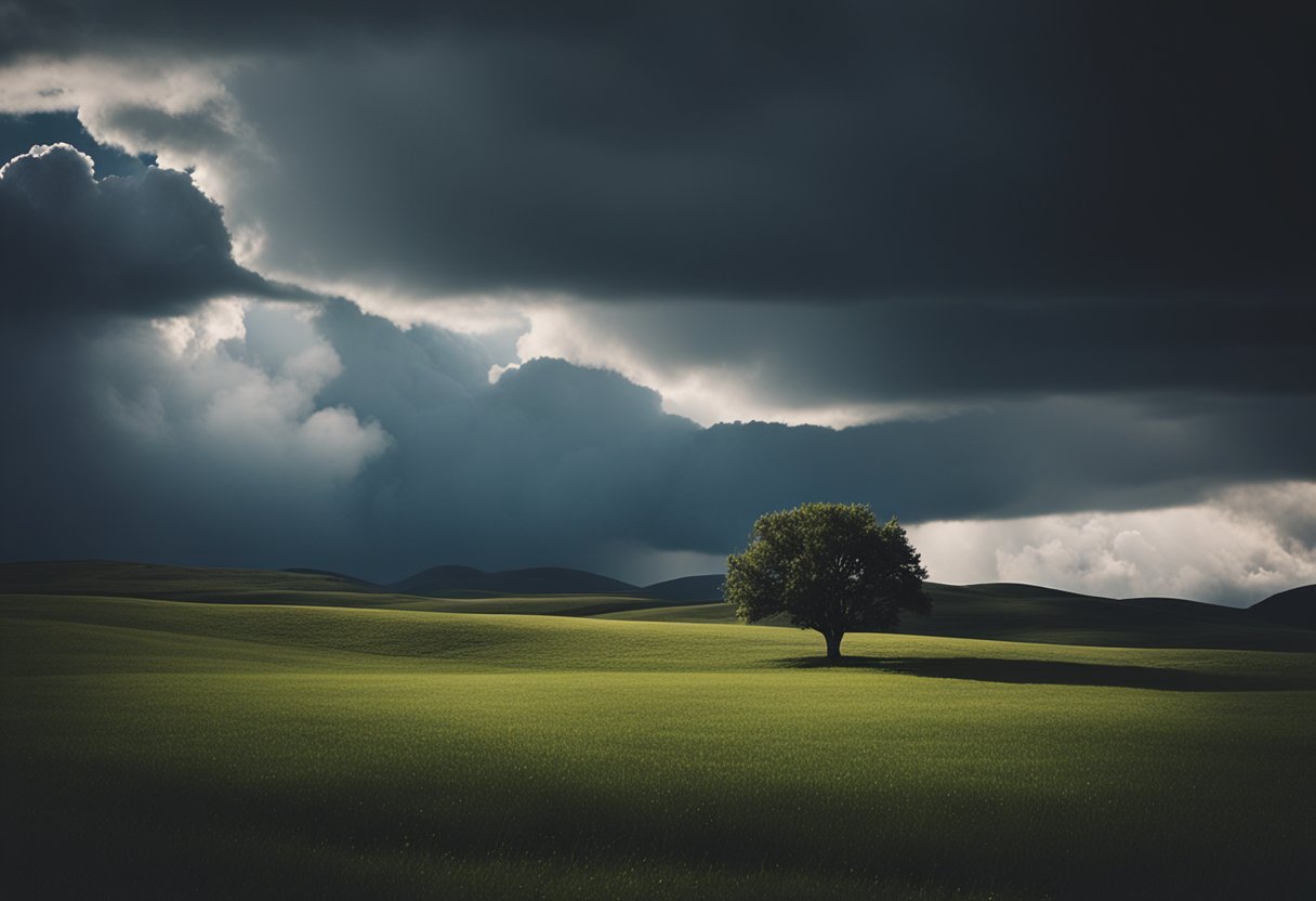 A dark, heavy cloud looms over a tranquil, sunlit landscape, symbolizing the juxtaposition of depression and spirituality