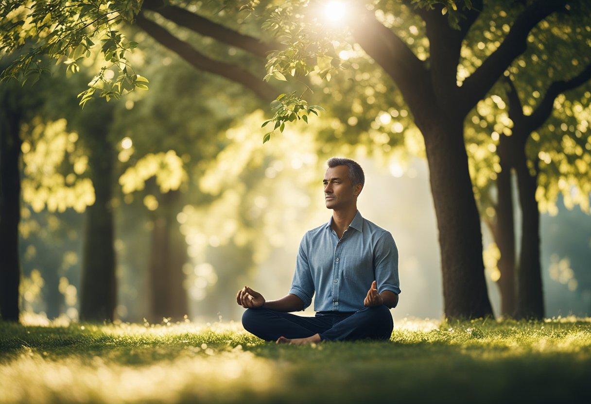 A serene figure meditates under a tree, surrounded by gentle rays of sunlight and a calm, peaceful atmosphere