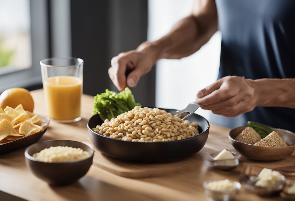 A person prepares a balanced meal with carbs and protein before exercising. After the workout, they consume a protein-rich snack to aid in muscle recovery and replenish energy