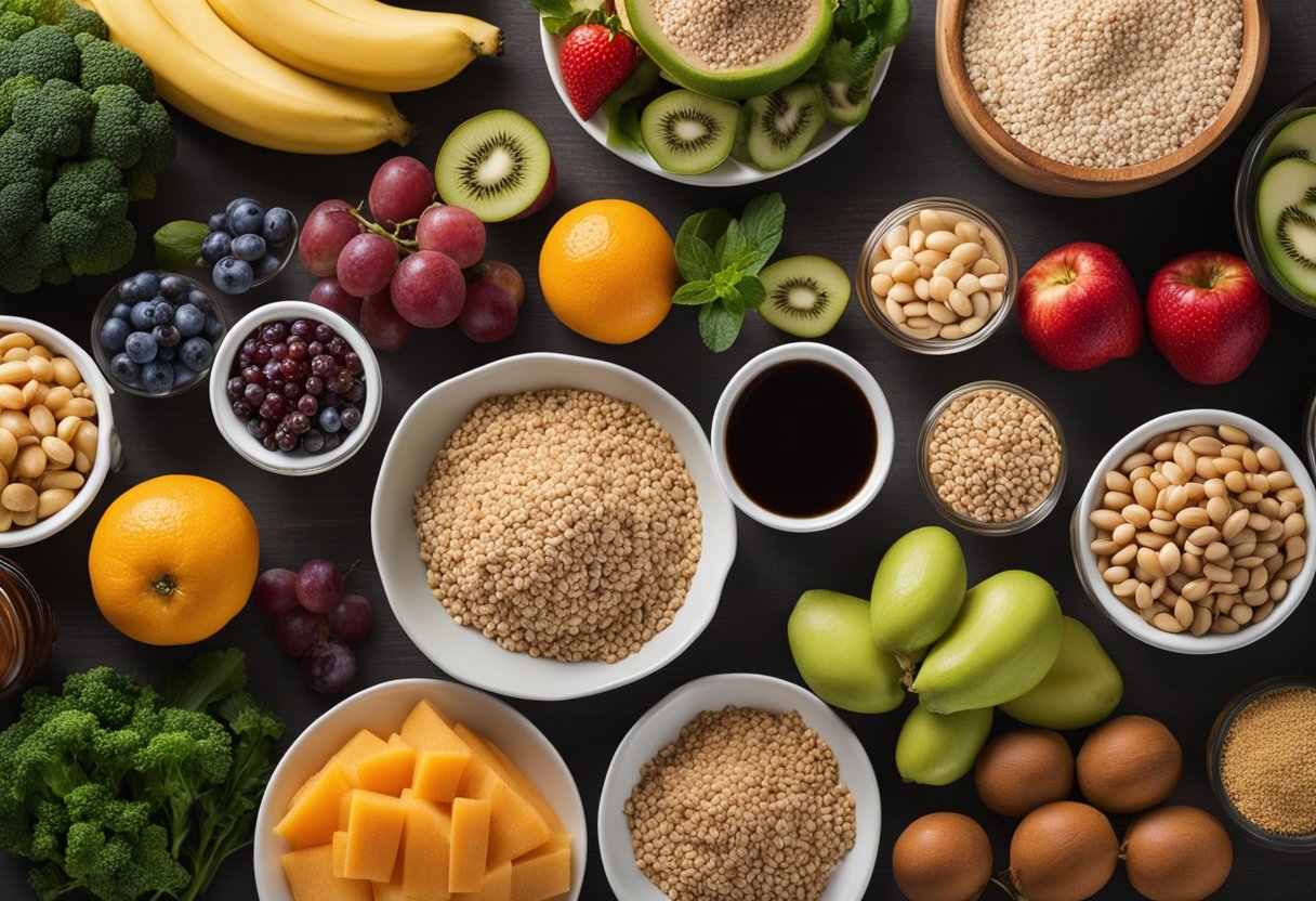 A table with a variety of nutritious foods, including fruits, vegetables, lean proteins, and whole grains. A water bottle and protein shake sit nearby