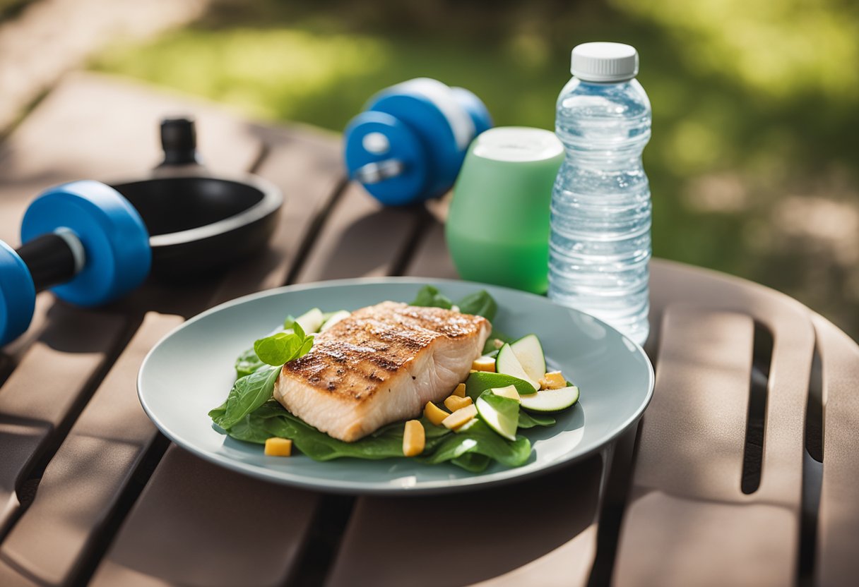 A plate with balanced portions of protein, carbohydrates, and healthy fats. A water bottle nearby. Outdoor or gym setting with exercise equipment in the background