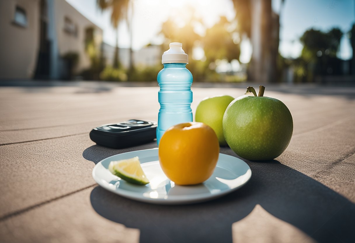 A water bottle and a plate of healthy food next to a workout area. Sweat on the ground indicates recent exercise