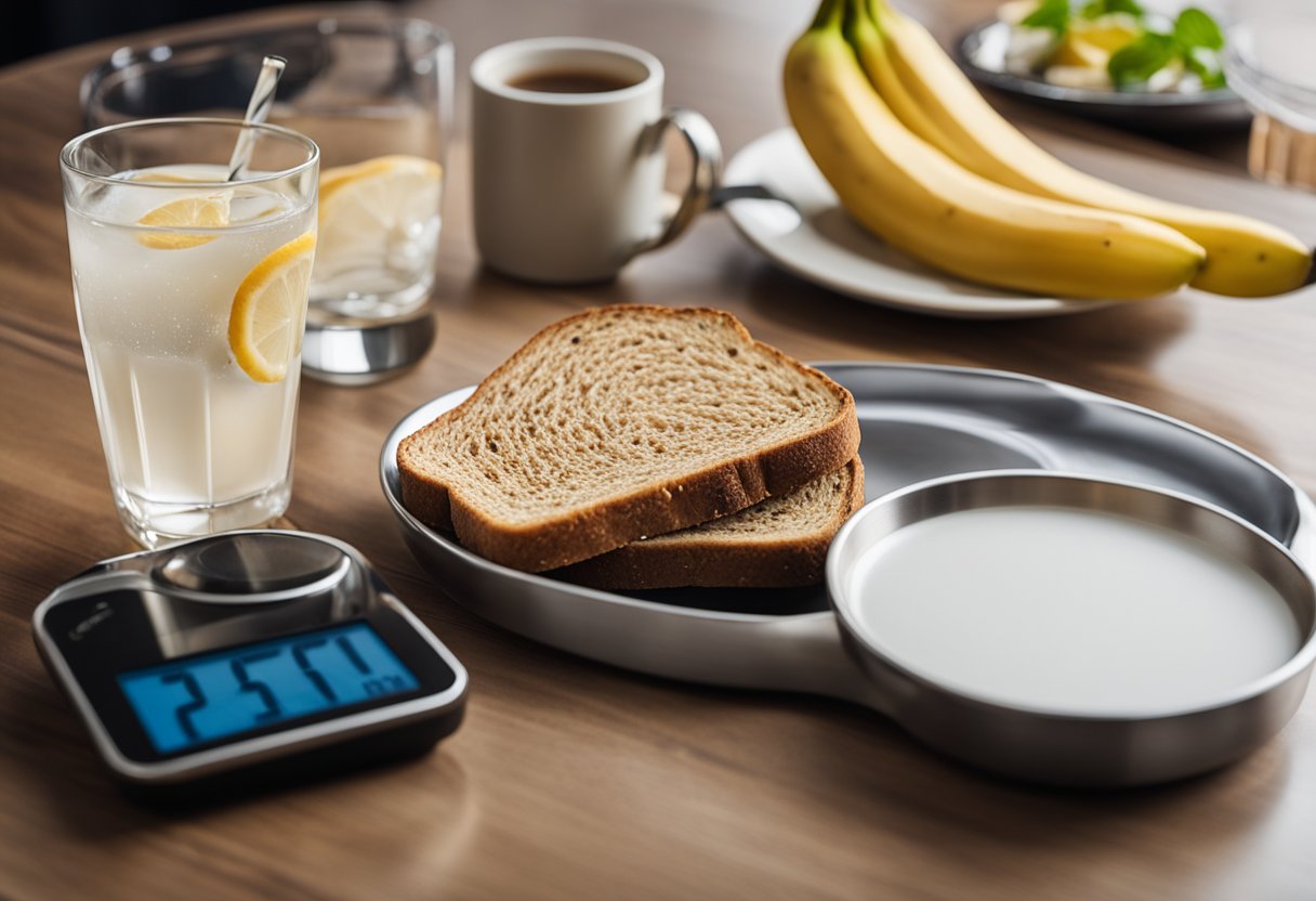 A table set with a balanced pre-workout meal: whole grain toast, banana, and a glass of water. A stopwatch sits nearby, ready for timing