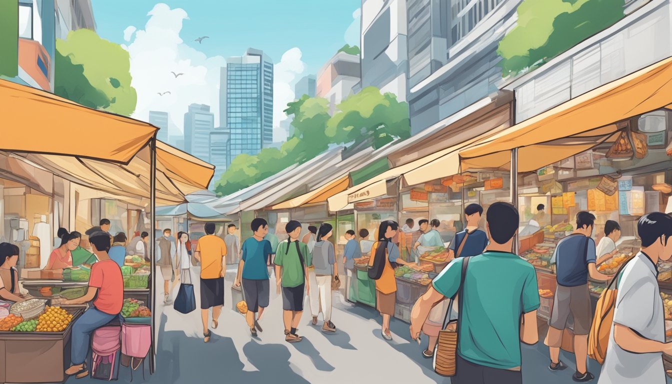 A bustling Singapore street with various side hustle opportunities such as food stalls, freelance services, and market vendors