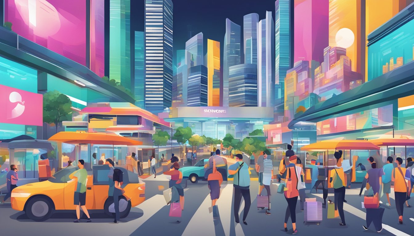 A bustling cityscape with various freelance opportunities advertised on billboards and digital screens, showcasing the vibrant gig economy in Singapore