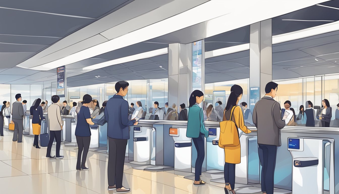 Passengers swiping their KrisFlyer cards at check-in counters and boarding gates, earning elite miles for their Singapore flights