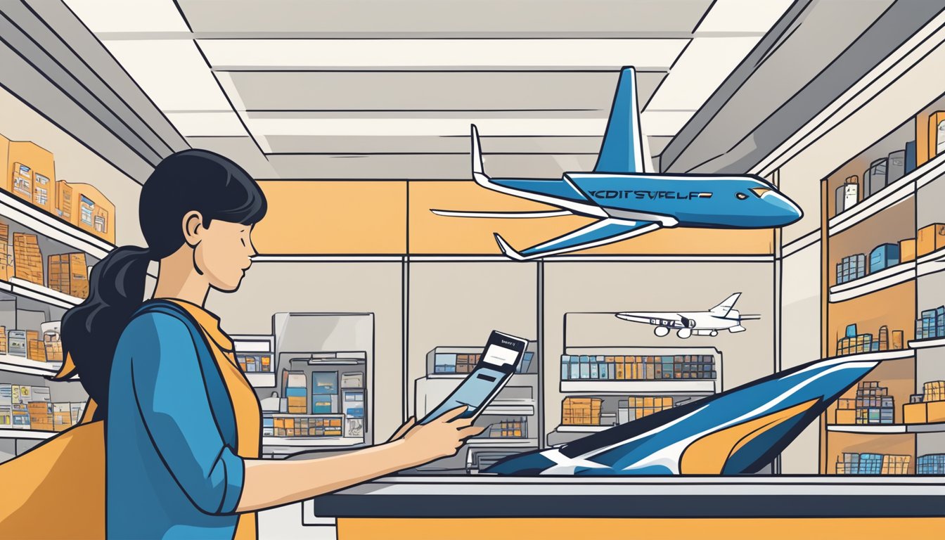 A person swiping a credit card at a store, with a KrisFlyer logo visible, while a plane flies overhead