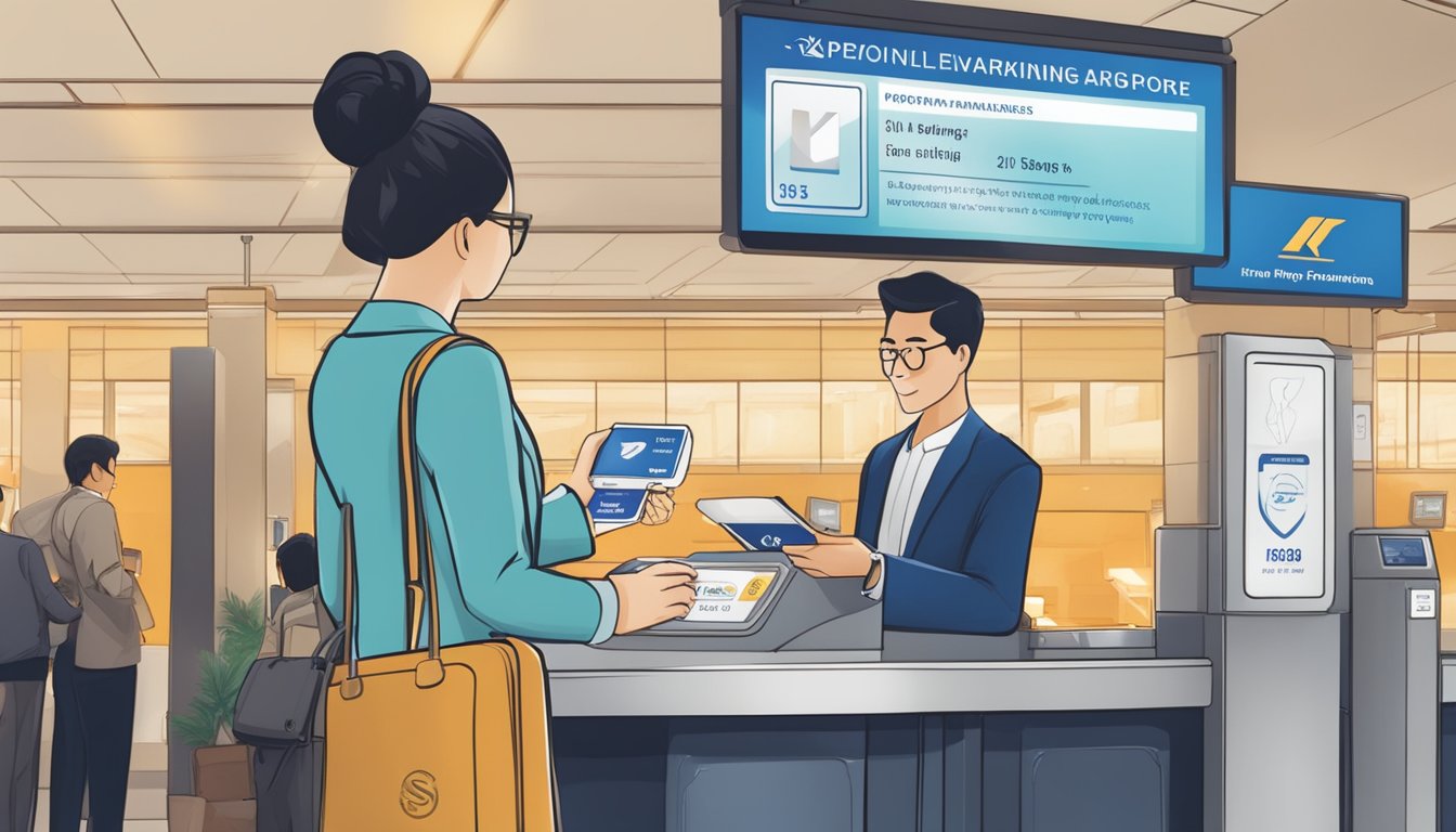 A person swiping a KrisFlyer membership card at a Singapore Airlines check-in counter, with a sign displaying "Maximising Mile Earning Potential" in the background