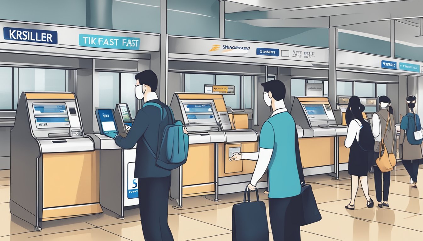 A person swiping their credit card at a Singaporean airline's ticketing counter, with a sign promoting KrisFlyer miles fast accumulation
