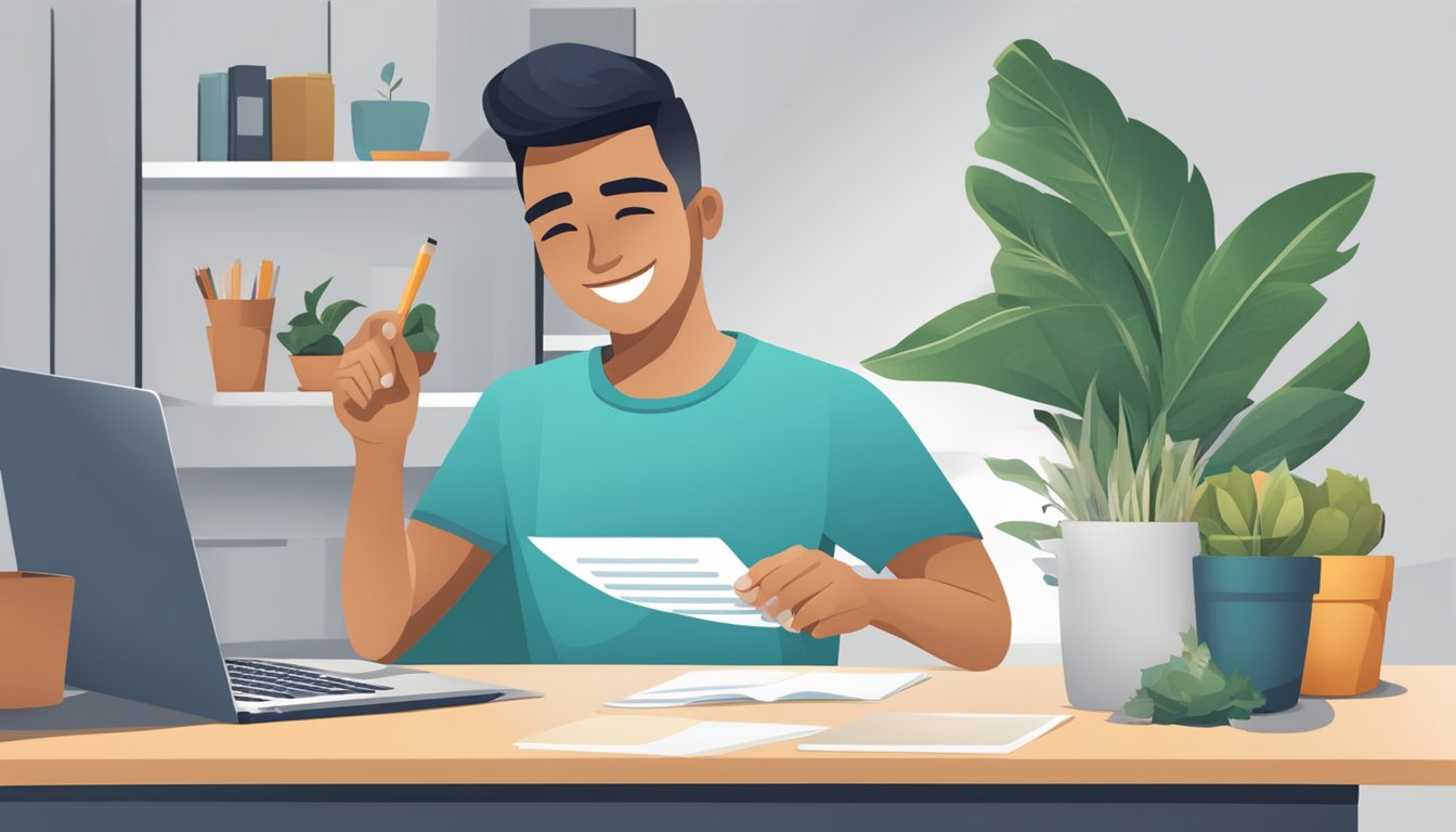 A person signing up for KrisFlyer online, with a computer and credit card ready. A banner or sign displaying "Sign Up for KrisFlyer" is visible