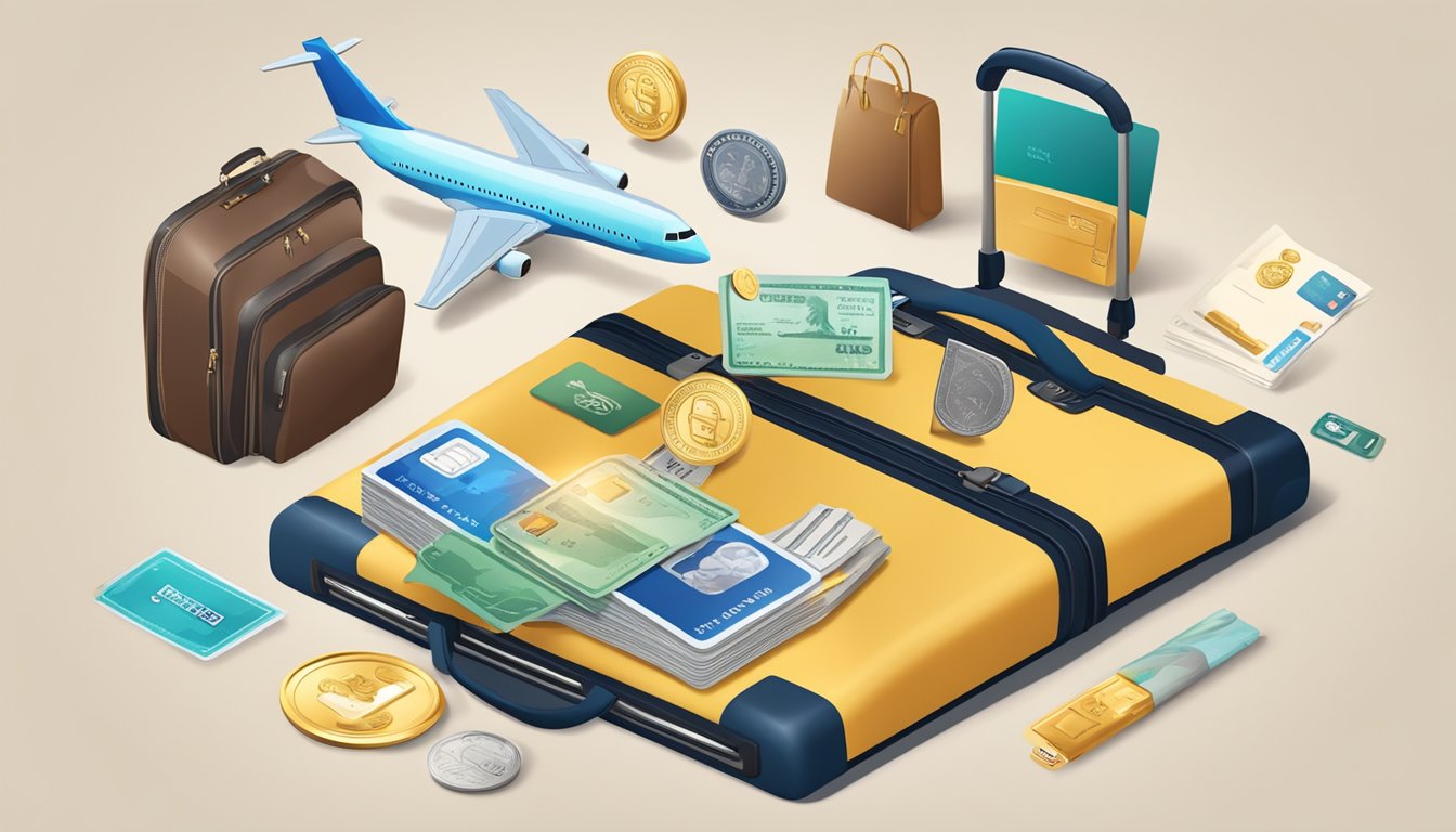 A person swiping a credit card with a KrisFlyer logo, surrounded by travel-related items like a suitcase, airplane, and passport