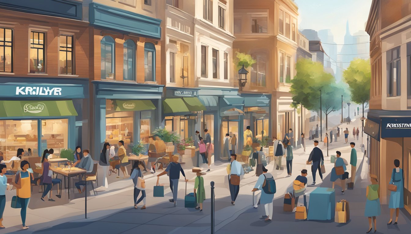 A bustling city street with shops and restaurants, featuring prominent KrisFlyer Miles signage. Customers are seen making purchases and dining, while earning miles