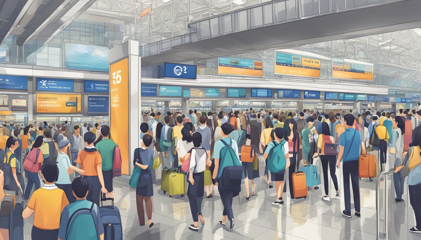 A crowded airport terminal with signs advertising special promotions and bonus miles for earning KrisFlyer miles fast in Singapore