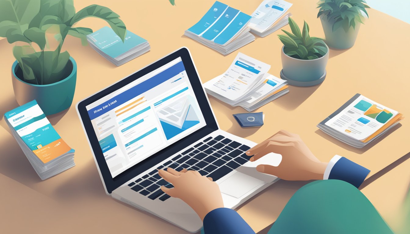 A person browsing a laptop with a search bar open, typing "how to earn krisflyer miles fast singapore" with a stack of travel brochures nearby