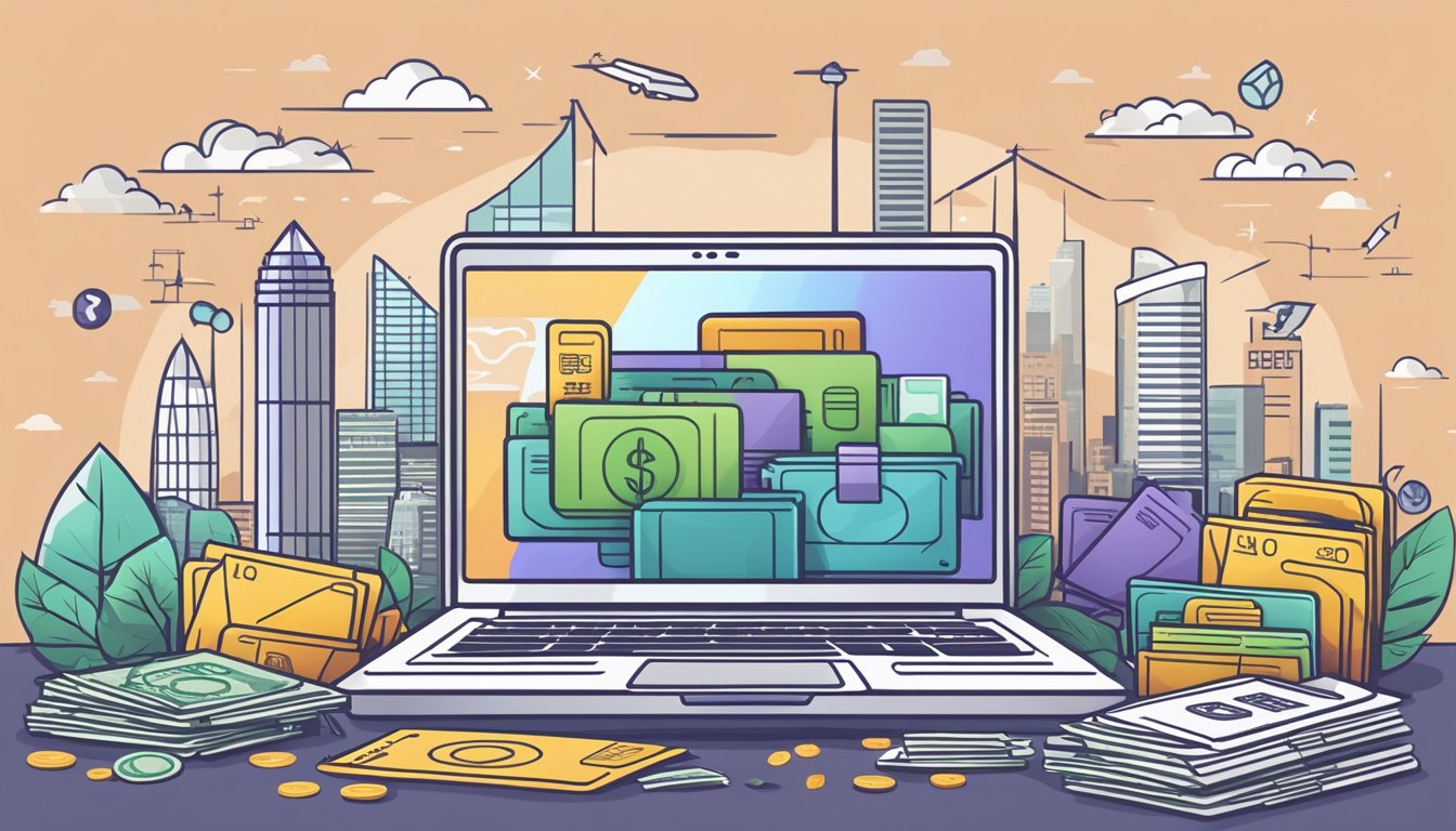 A laptop with a stack of cash and a credit card, surrounded by icons representing various professional services, against a backdrop of the Singapore skyline