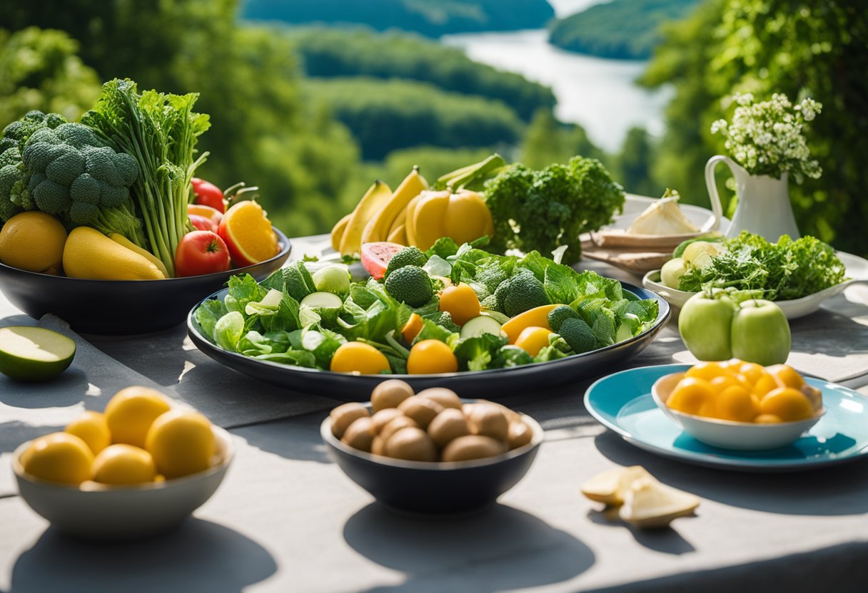 Lush green vegetables and fruits fill the table, surrounded by vibrant flowers and trees. A clear blue sky and a flowing river in the background illustrate the harmony of plant-based eating with nature