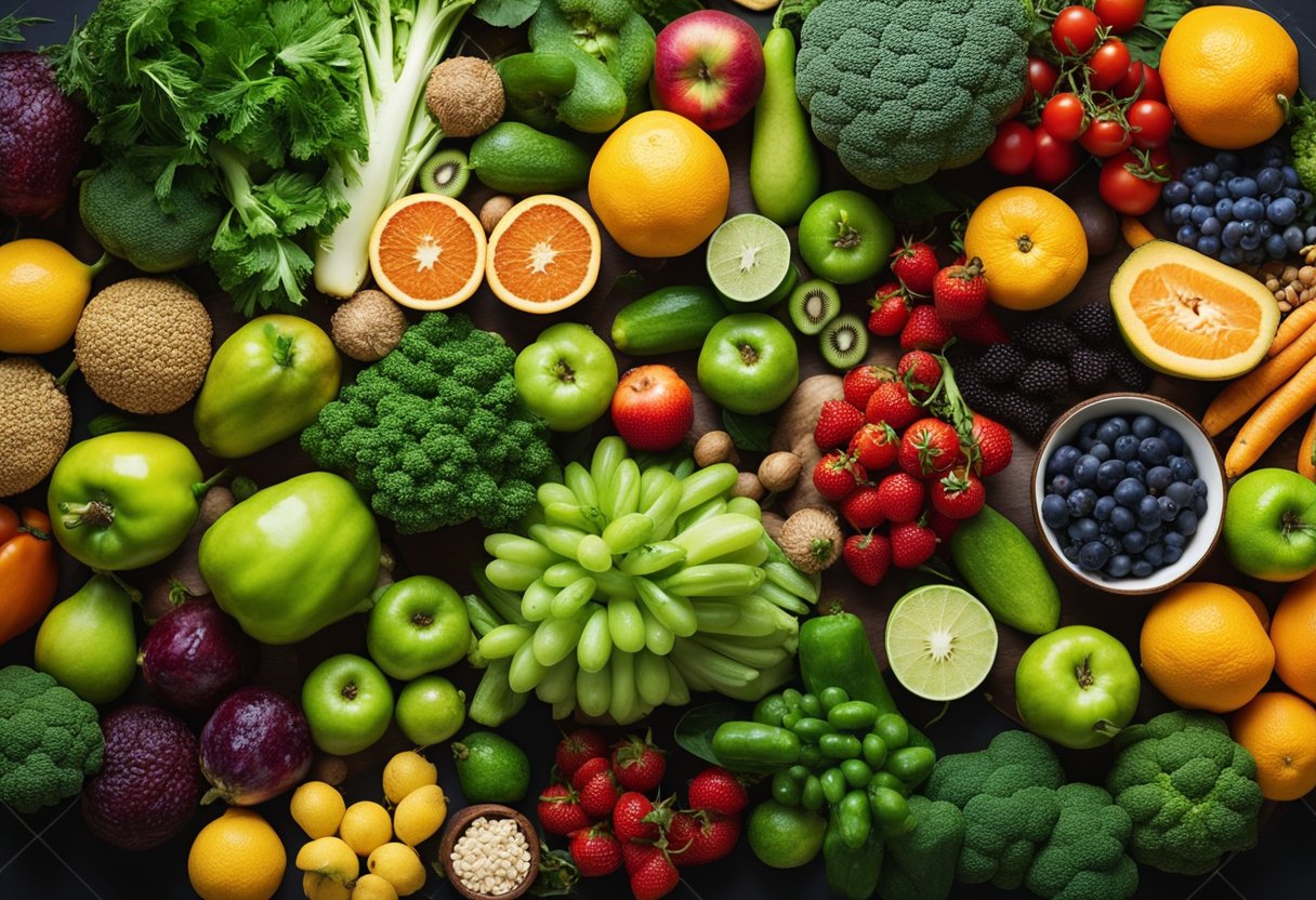 A vibrant array of colorful fruits, vegetables, grains, and legumes arranged on a table, with a lush green backdrop symbolizing the benefits of plant-based eating for health and the environment