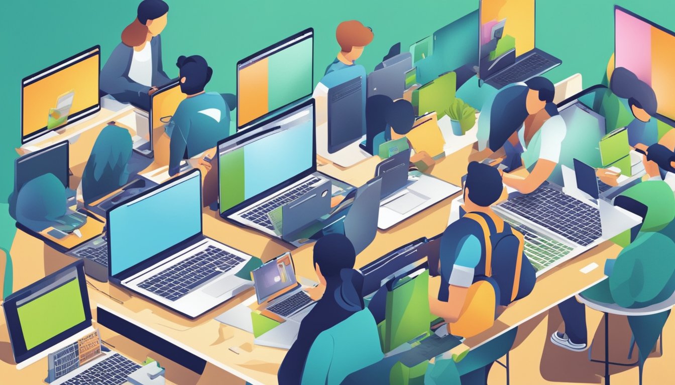 People searching online, surrounded by laptops and phones, with a sense of urgency and determination to find quick money-making solutions in Singapore