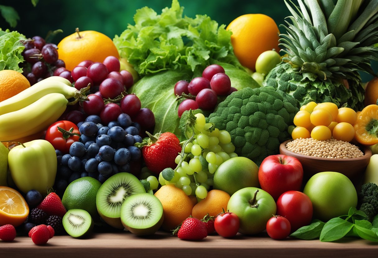 A variety of colorful fruits, vegetables, and grains arranged on a table, with a lush green landscape in the background