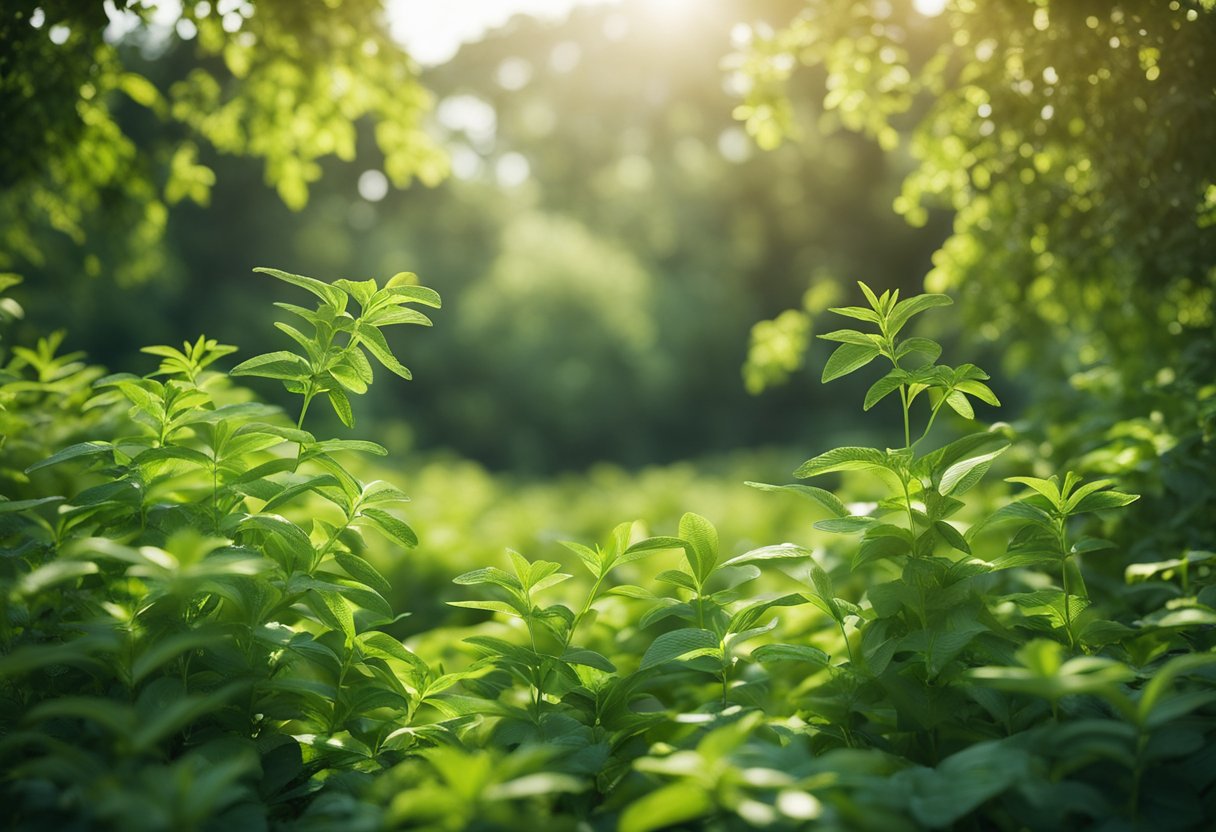 Lush green landscape with diverse plant life, clear blue skies, and clean air. No signs of pollution or waste, showcasing the environmental benefits of plant-based eating