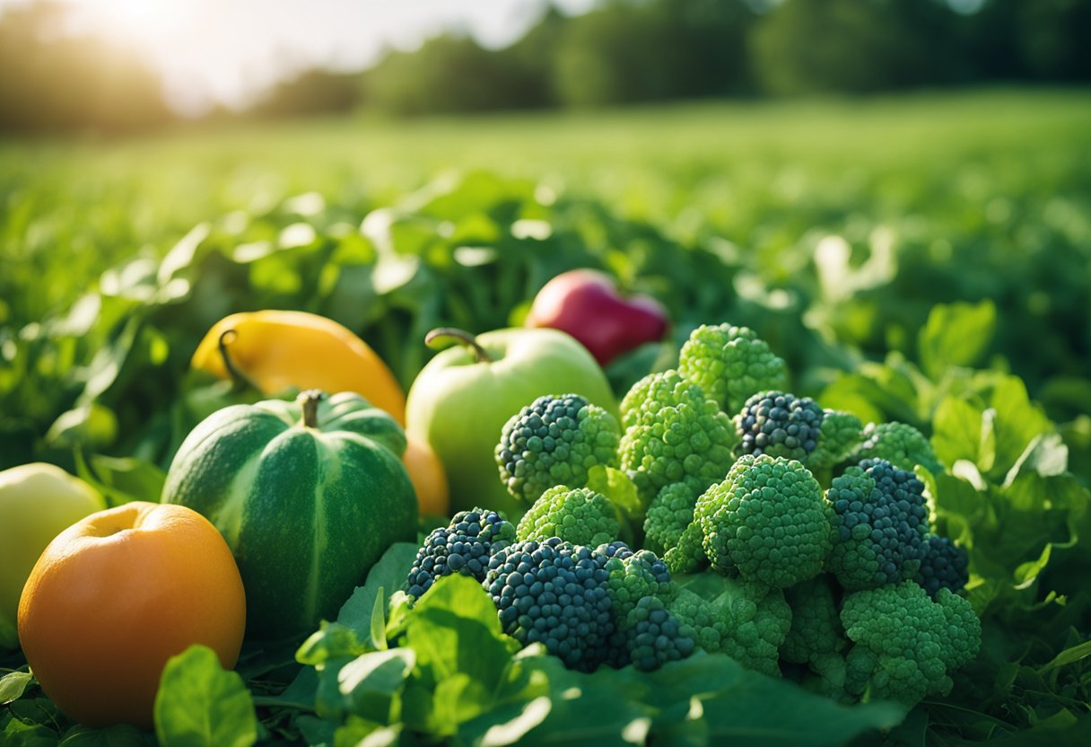 A lush green field with colorful fruits and vegetables, surrounded by clean air and clear skies, showcasing the positive impact of plant-based eating on health and the environment