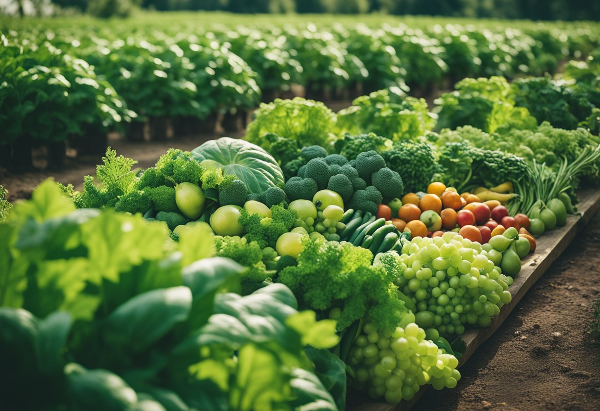 A lush green landscape with vibrant fruits and vegetables growing, surrounded by clean air and clear water, showcasing the positive impact of plant-based eating on health and the environment