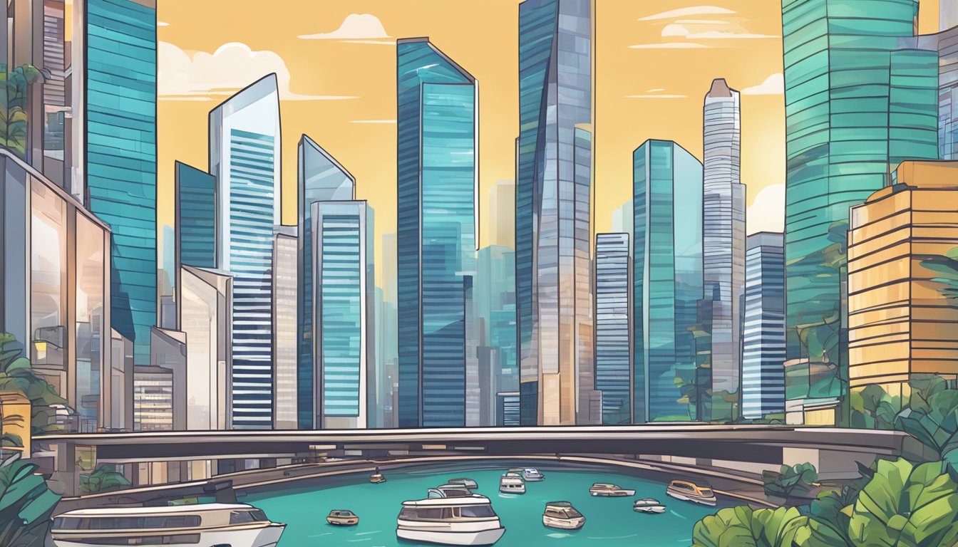 A bustling Singapore cityscape with skyscrapers and freelance job listings on digital screens, showcasing the high-demand opportunities for earning more money
