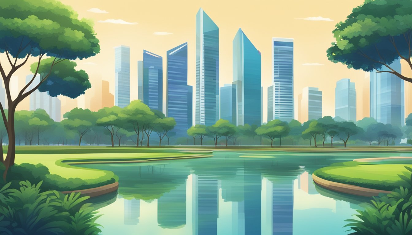 A serene park in Singapore with a tranquil pond, surrounded by lush greenery and modern skyscrapers in the background, symbolizing the concept of passive income and financial growth