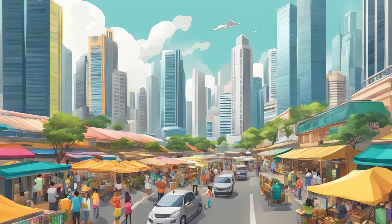 A bustling Singapore cityscape with skyscrapers and a vibrant street market, showcasing the diversity of opportunities for earning more money