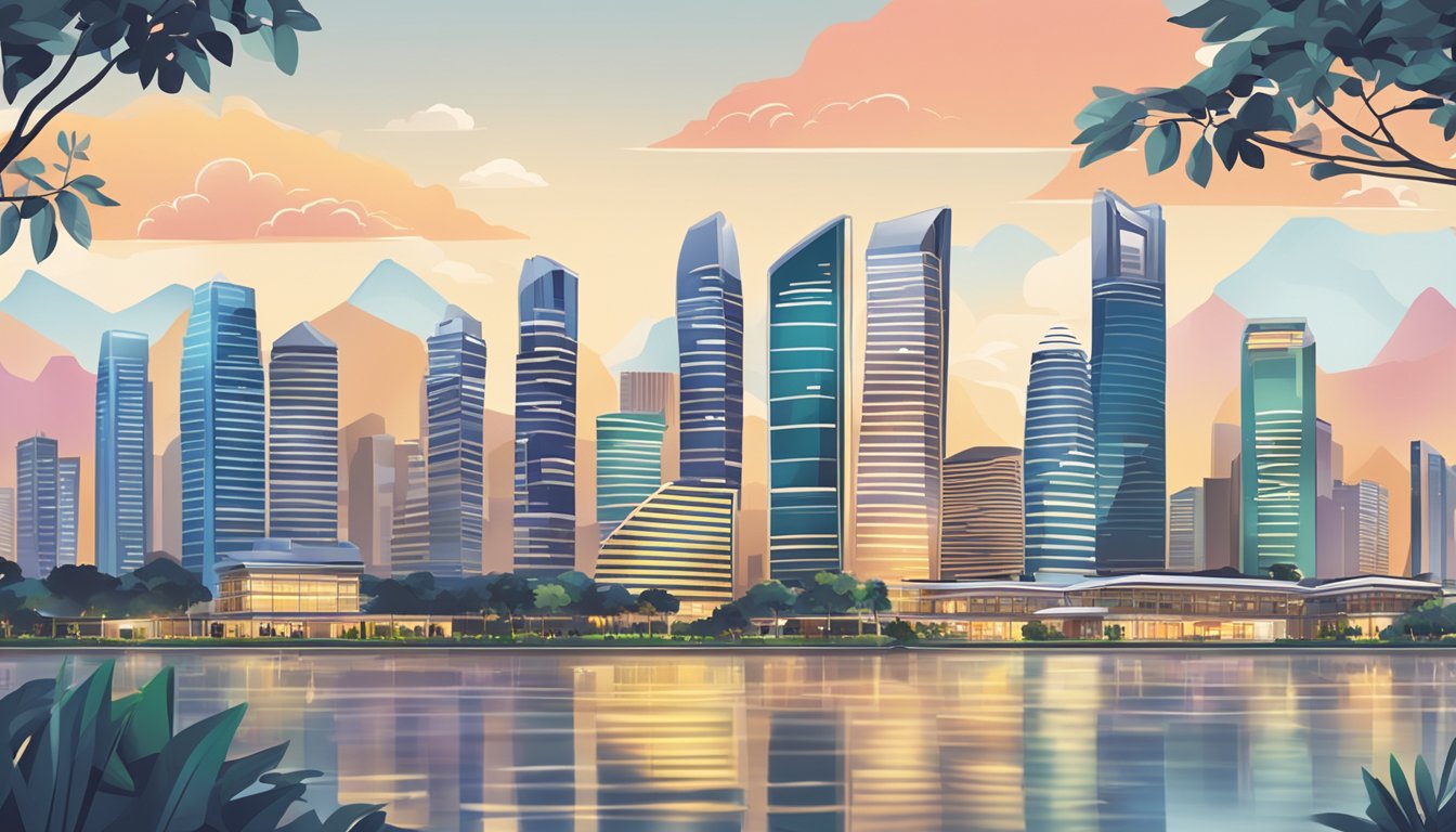 A serene Singapore skyline with various income-generating assets like rental properties, stocks, and businesses, symbolizing passive income opportunities