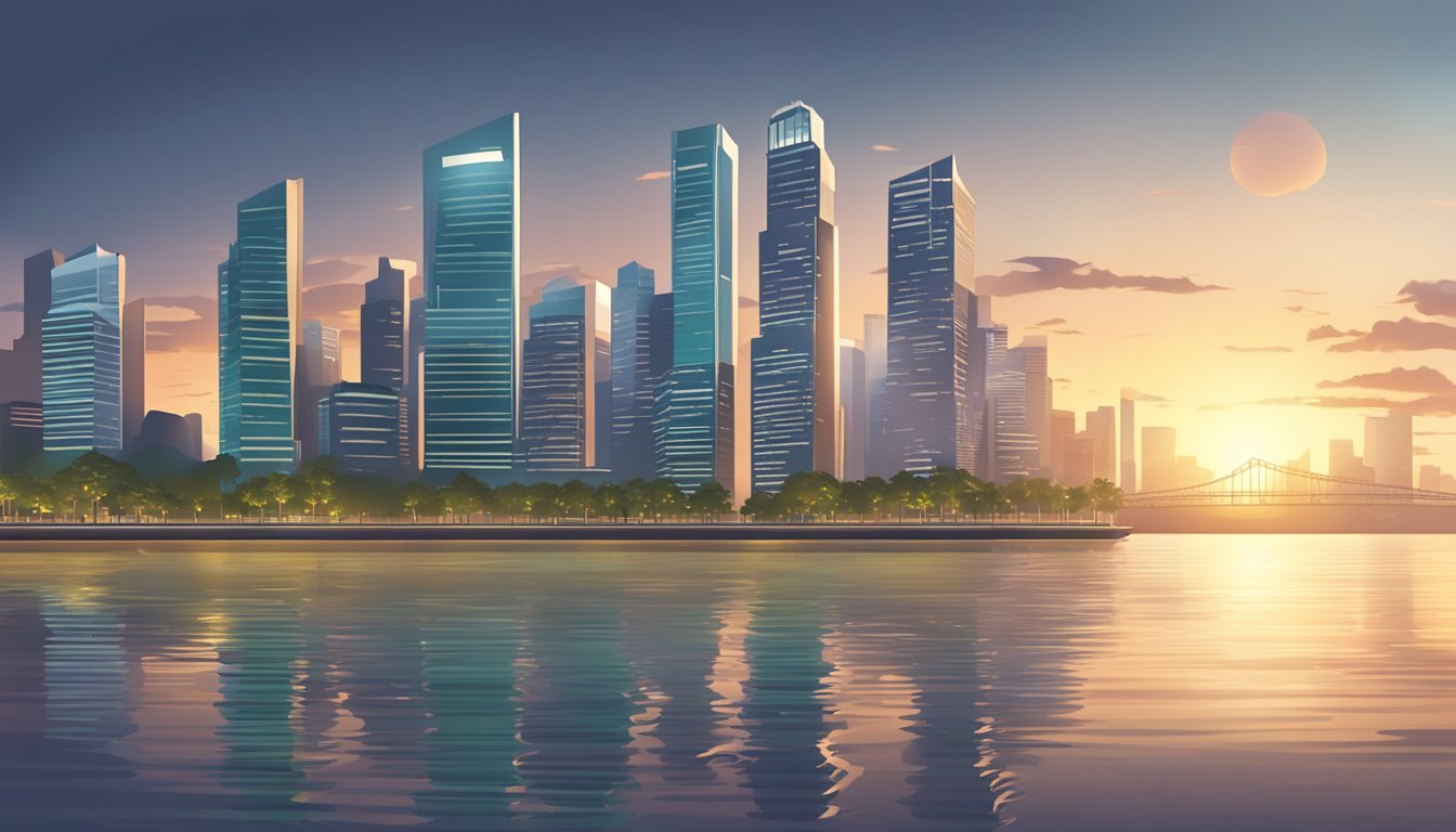 An elegant city skyline with financial district buildings, a rising sun, and a calm river, symbolizing the potential for passive income through stock and bond investments in Singapore
