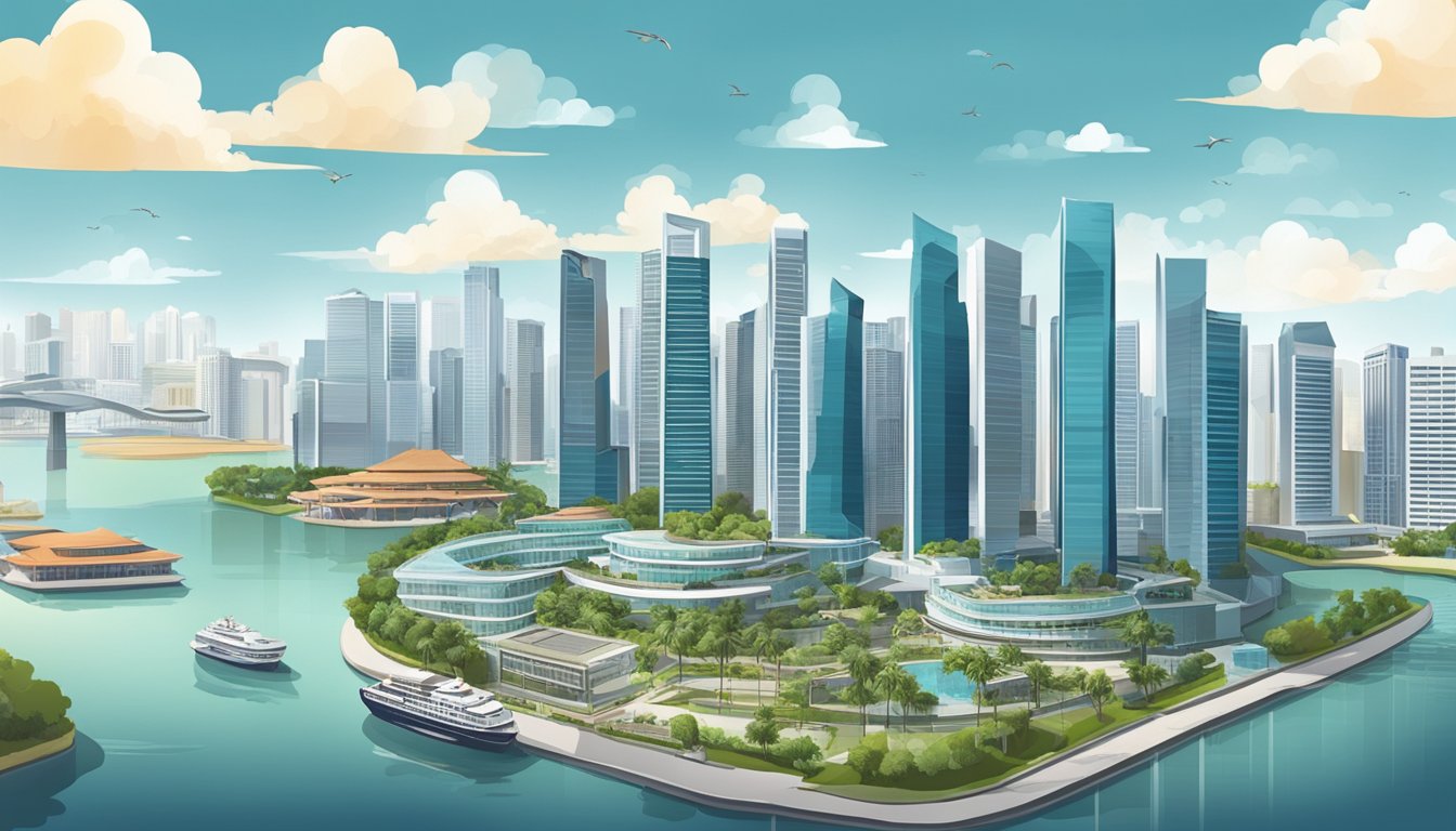 A modern cityscape of Singapore with high-rise buildings and luxury properties, showcasing the potential for passive income in real estate ventures