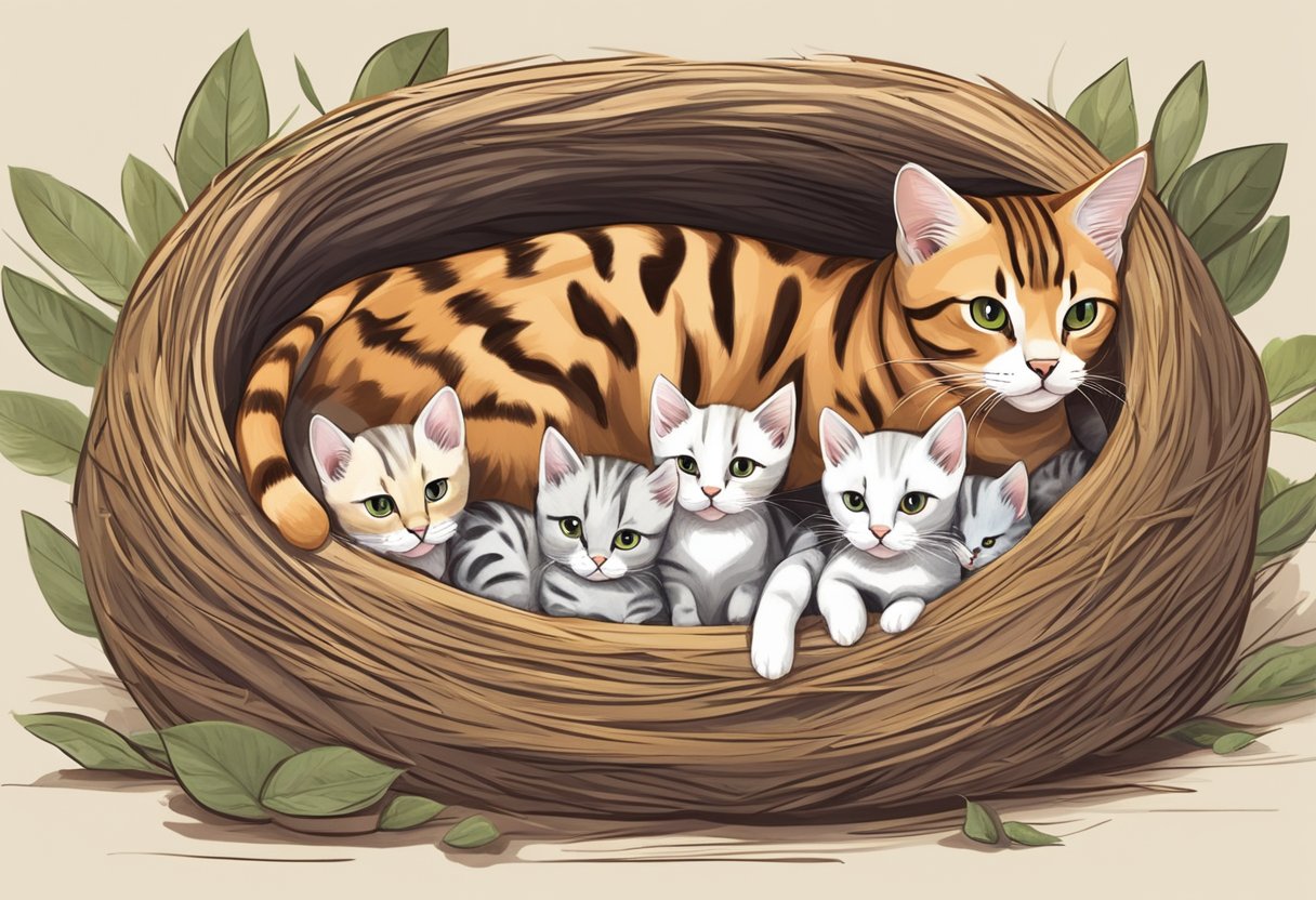 A Bengal cat lies in a cozy nest, surrounded by a litter of 3 to 5 adorable kittens, all eagerly nursing from their attentive mother