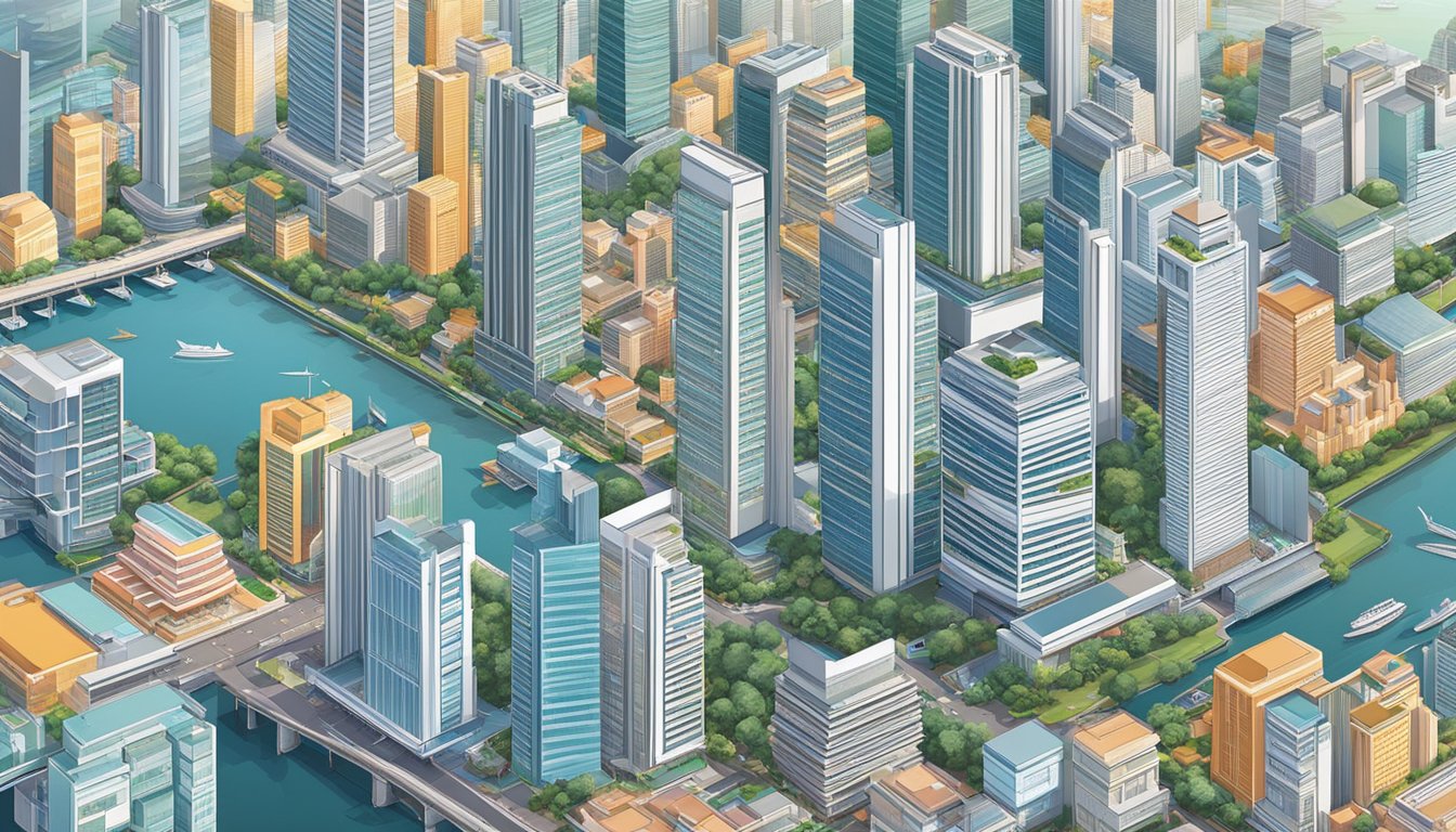 A bustling cityscape of Singapore with iconic landmarks and symbols of wealth and investment, such as skyscrapers, financial institutions, and luxury properties