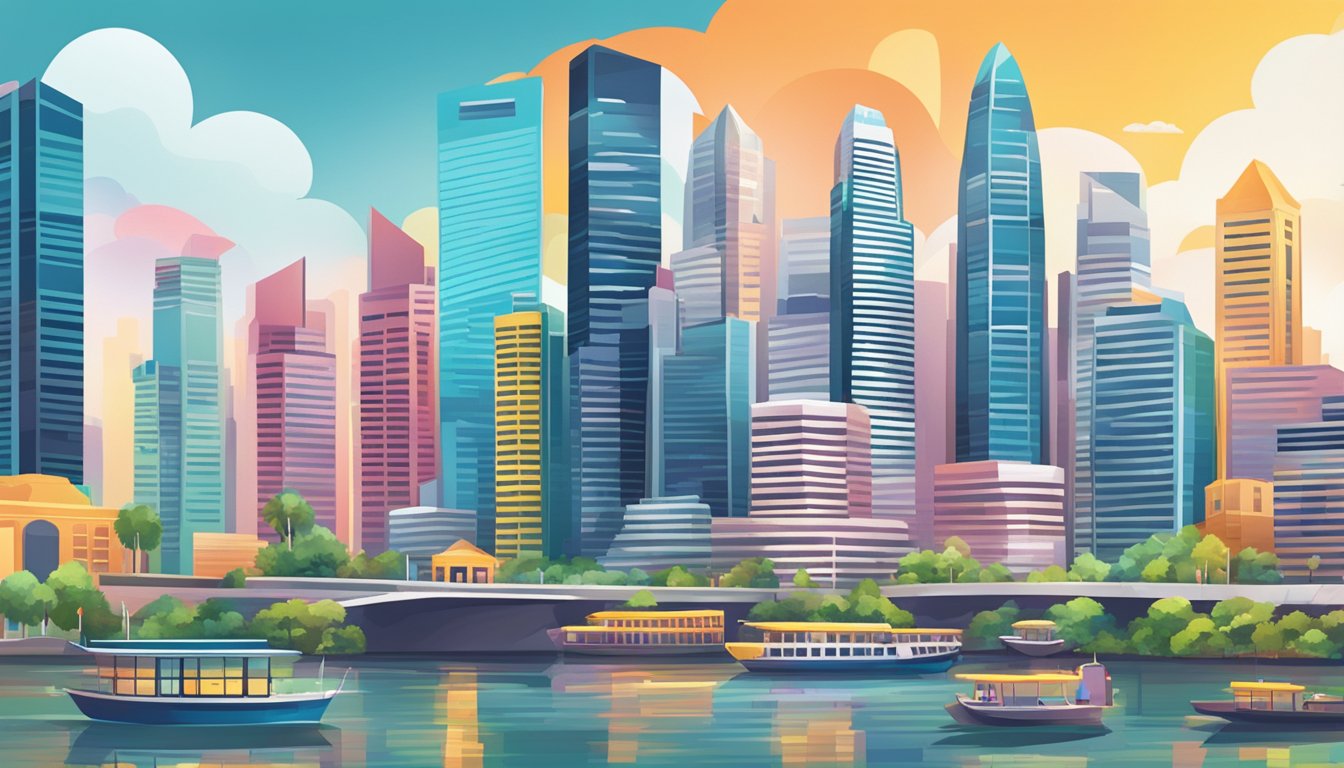 A bustling cityscape with skyscrapers and a vibrant financial district, showcasing various ways to earn quick cash in Singapore