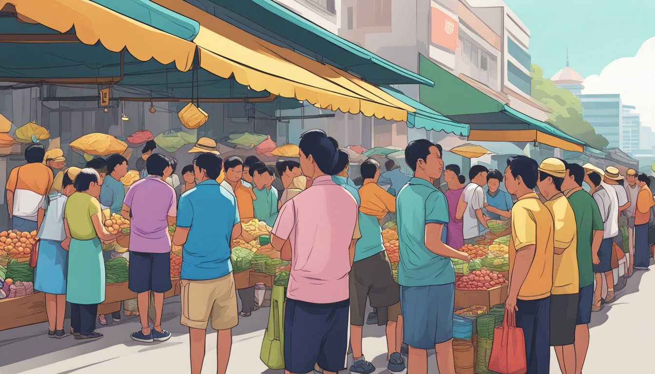 People lining up at a Singaporean street market, exchanging cash for goods