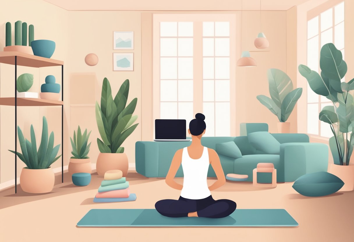 A serene room with a yoga mat, blocks, and a calming color palette. A laptop or tablet with a yoga instructor on the screen
